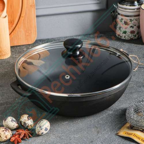 Жаровня 26х6см чугун. литая со стекл. крышкой